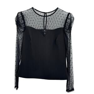 IN San Francisco blouse women's M mesh polka dot puff sweetheart stretch black